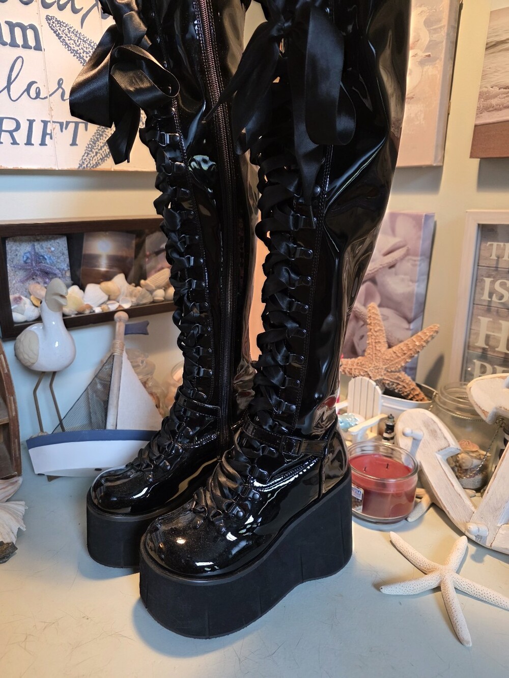 Demonia Black Patent Platform Lace-Up Knee Boots Size 8